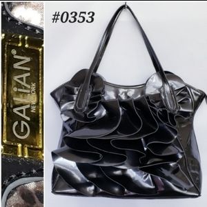 💟GALIEN NY>>> shiny steel gray/black shiny hard ruffle purse retro